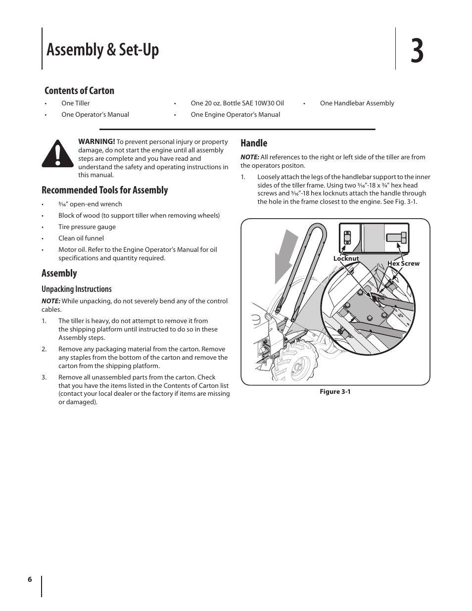 Assembly & set-up, Recommended tools for assembly, Assembly | Handle, Contents of carton | Troy-Bilt series 650 User Manual | Page 6 / 20