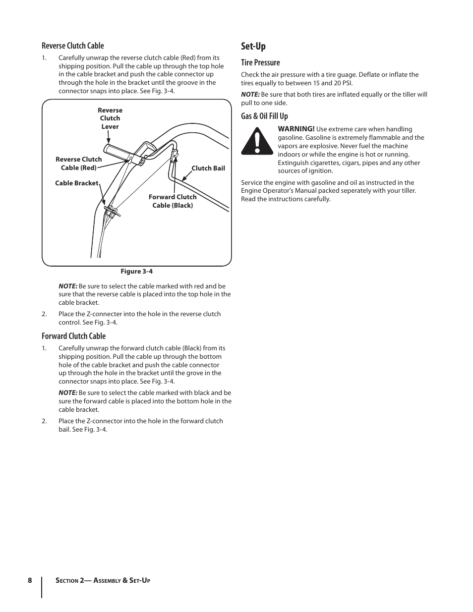 Set-up, Reverse clutch cable, Forward clutch cable | Tire pressure, Gas & oil fill up | Troy-Bilt series 650 User Manual | Page 8 / 20
