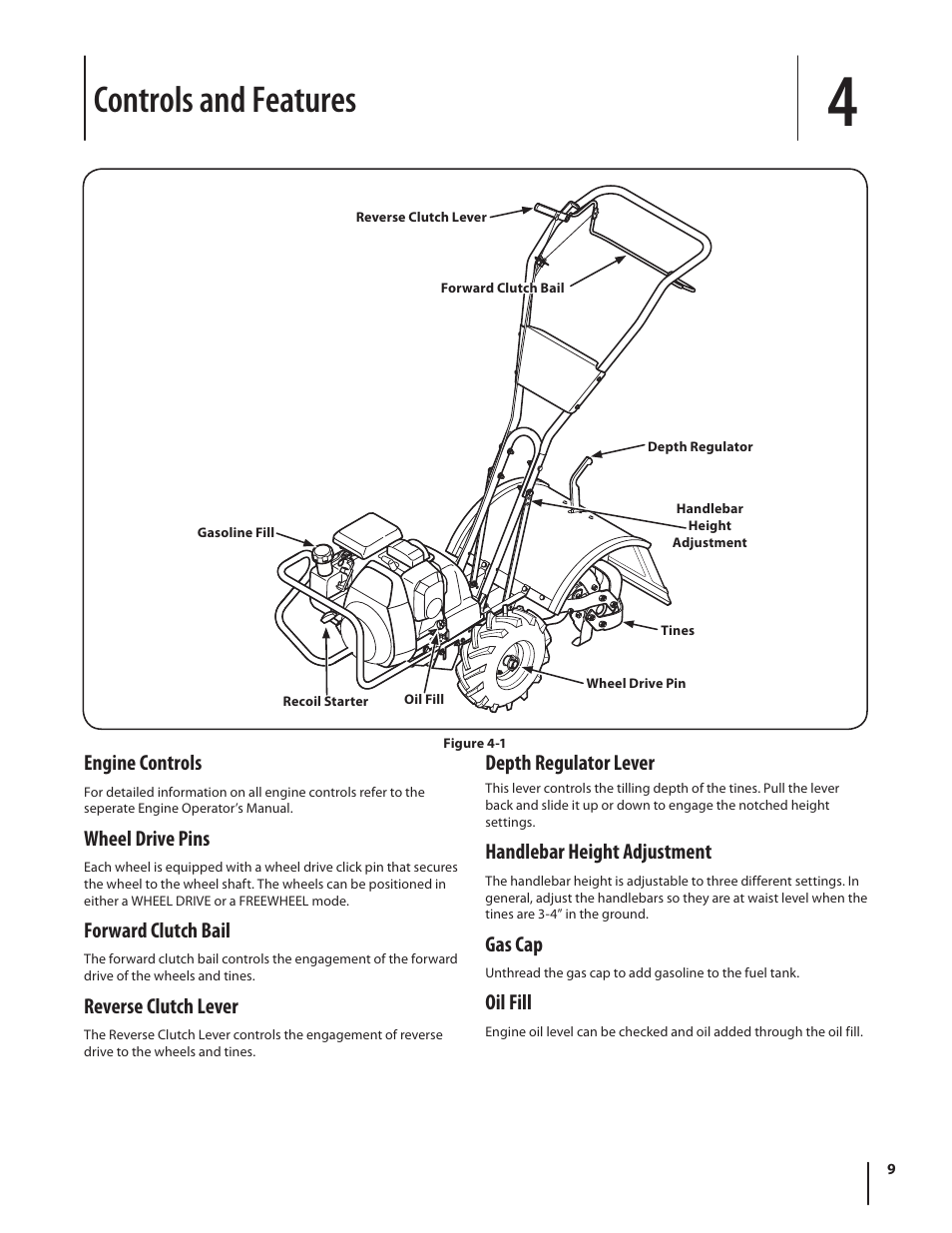 Controls and features, Engine controls, Wheel drive pins | Forward clutch bail, Reverse clutch lever, Depth regulator lever, Handlebar height adjustment, Gas cap, Oil fill | Troy-Bilt series 650 User Manual | Page 9 / 20