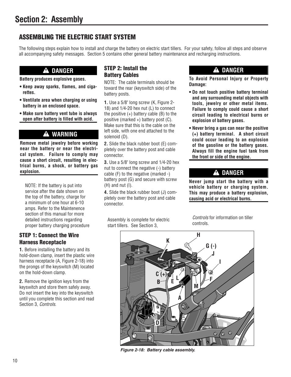 Assembling the electric start system, Danger, Warning | Troy-Bilt E683G User Manual | Page 10 / 60