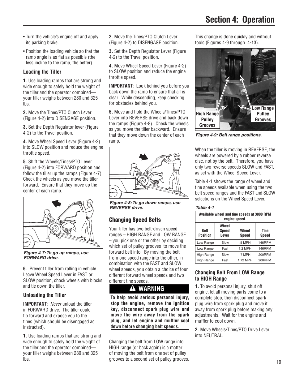 Warning, Changing speed belts | Troy-Bilt E683G User Manual | Page 19 / 60