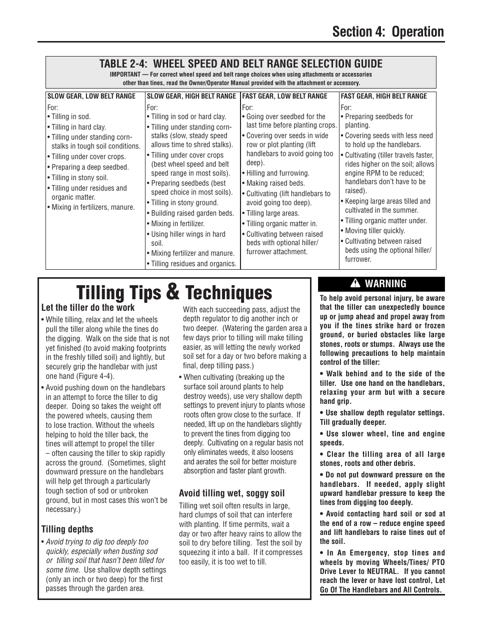 Tilling tips, Techniques, Warning | Troy-Bilt E683G User Manual | Page 21 / 60