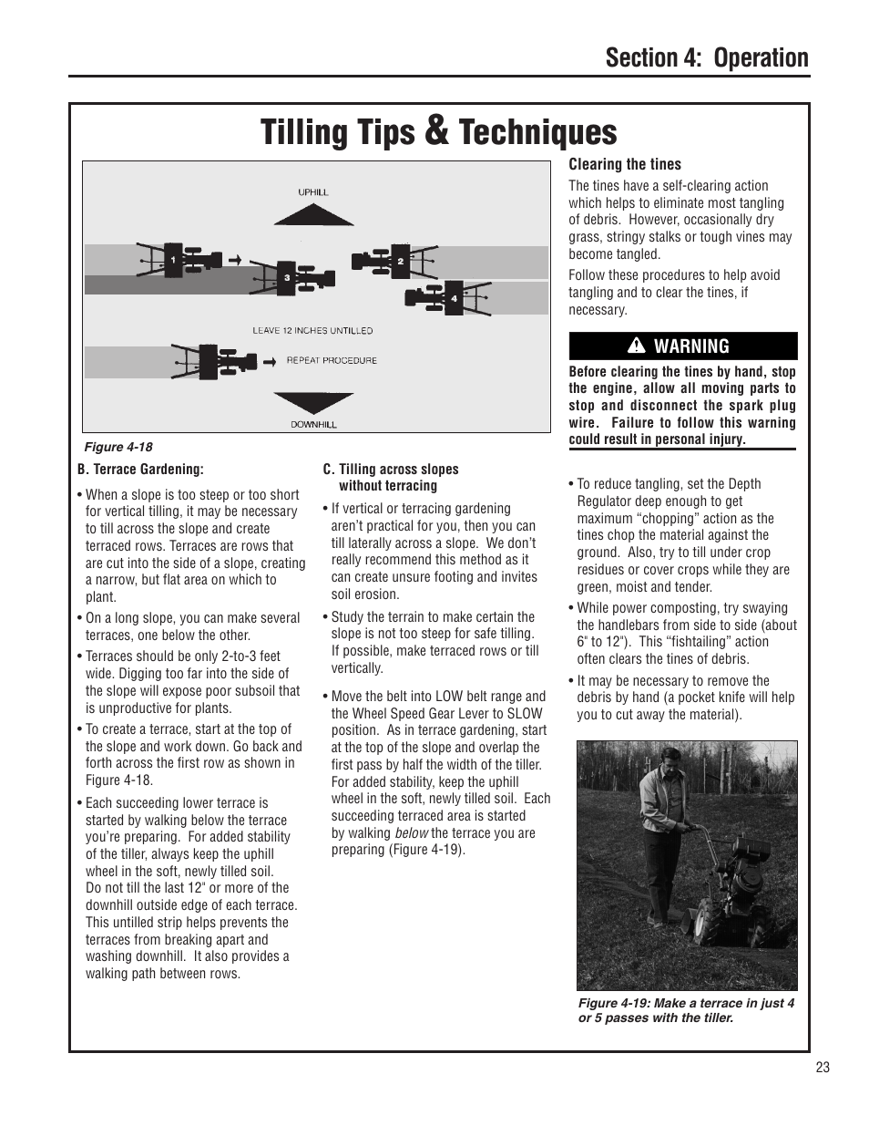 Tilling tips, Techniques, Warning | Troy-Bilt E683G User Manual | Page 23 / 60