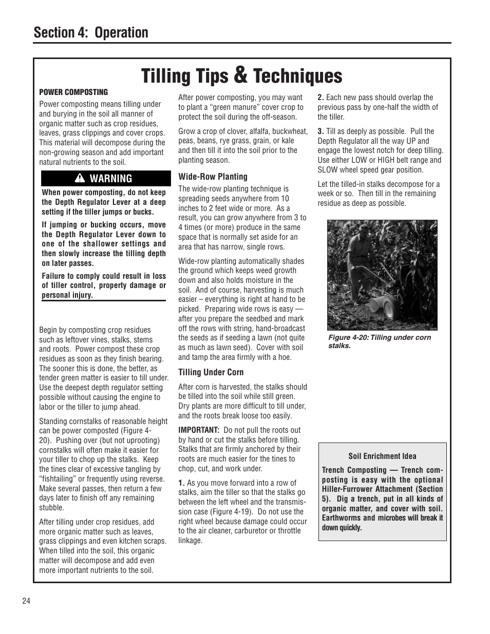 Tilling tips, Techniques, Warning | Troy-Bilt E683G User Manual | Page 24 / 60