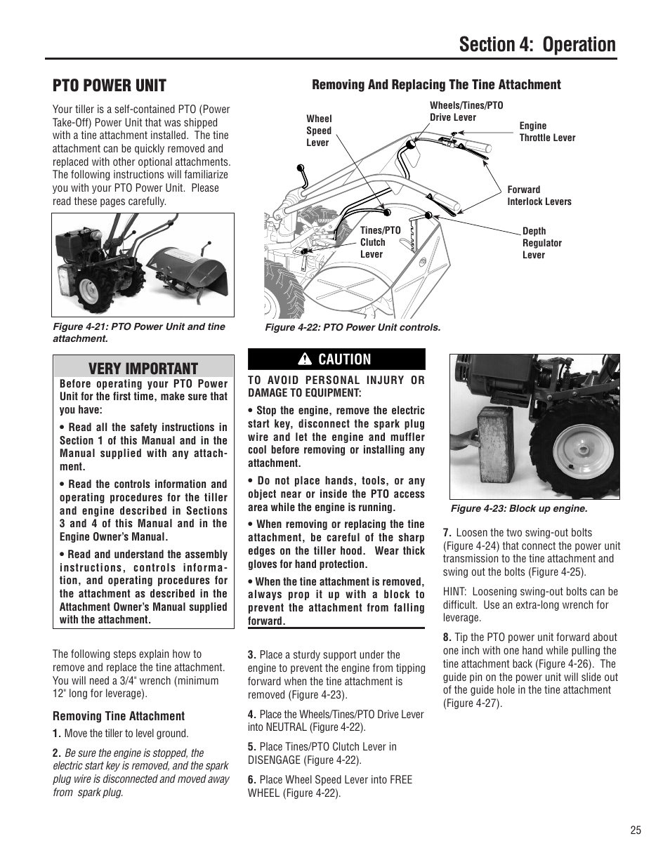 Pto power unit, Very important, Caution | Troy-Bilt E683G User Manual | Page 25 / 60