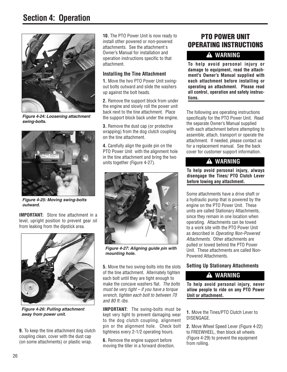 Pto power unit operating instructions, Warning | Troy-Bilt E683G User Manual | Page 26 / 60