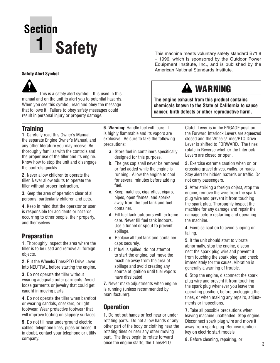 Safety, Warning, Training | Preparation, Operation | Troy-Bilt E683G User Manual | Page 3 / 60