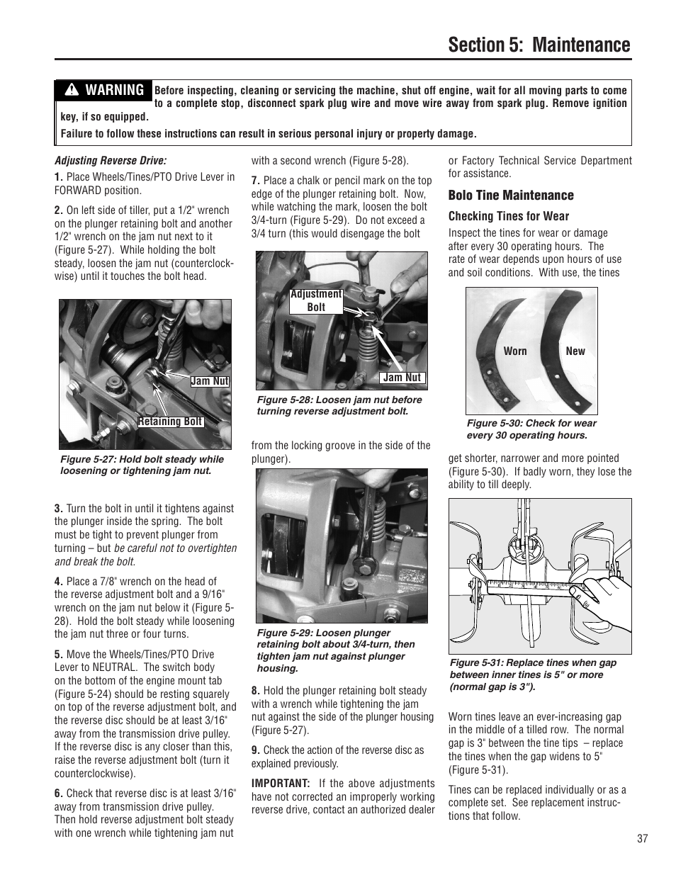 Warning, Bolo tine maintenance | Troy-Bilt E683G User Manual | Page 37 / 60