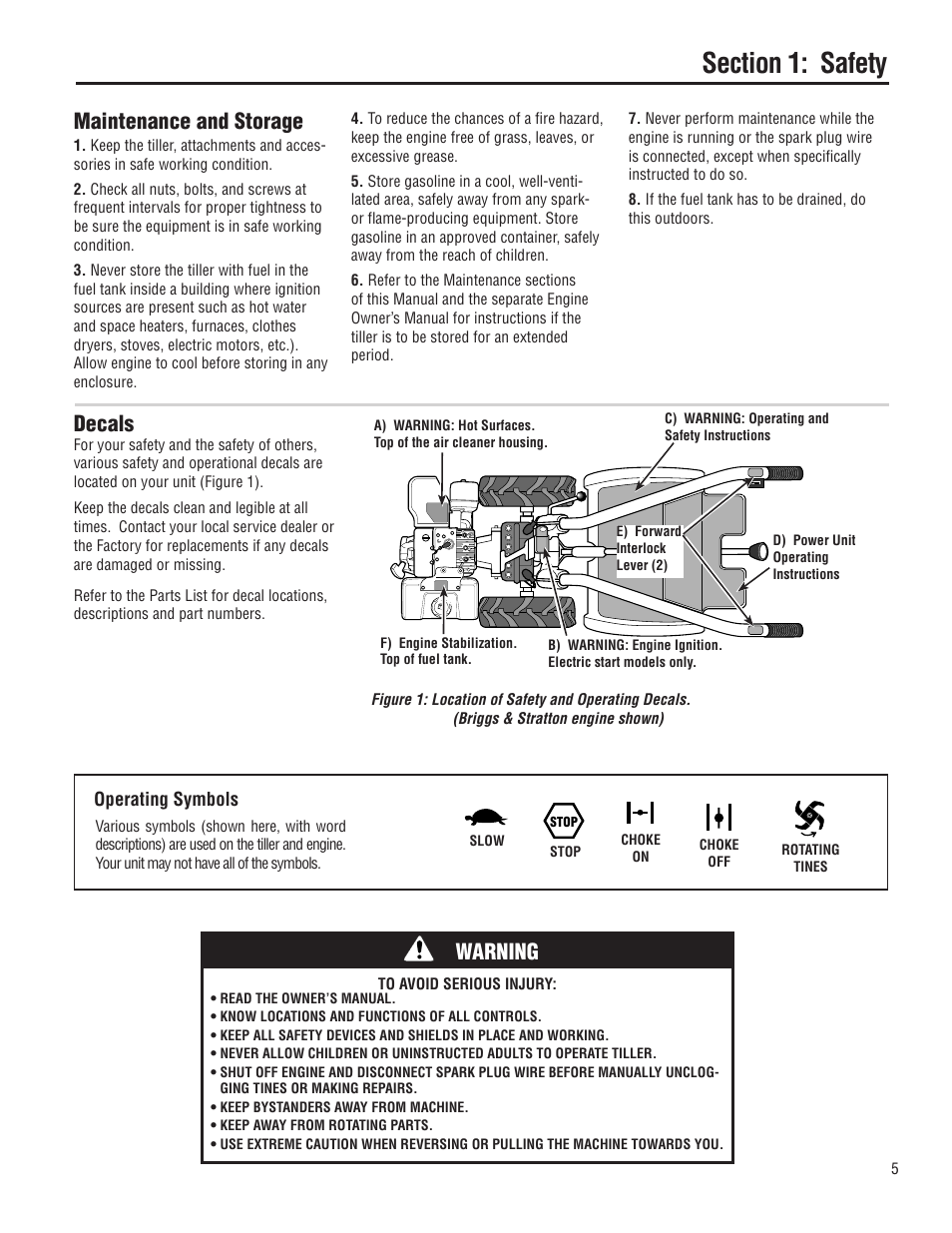 Decals, Maintenance and storage, Warning | Troy-Bilt E683G User Manual | Page 5 / 60