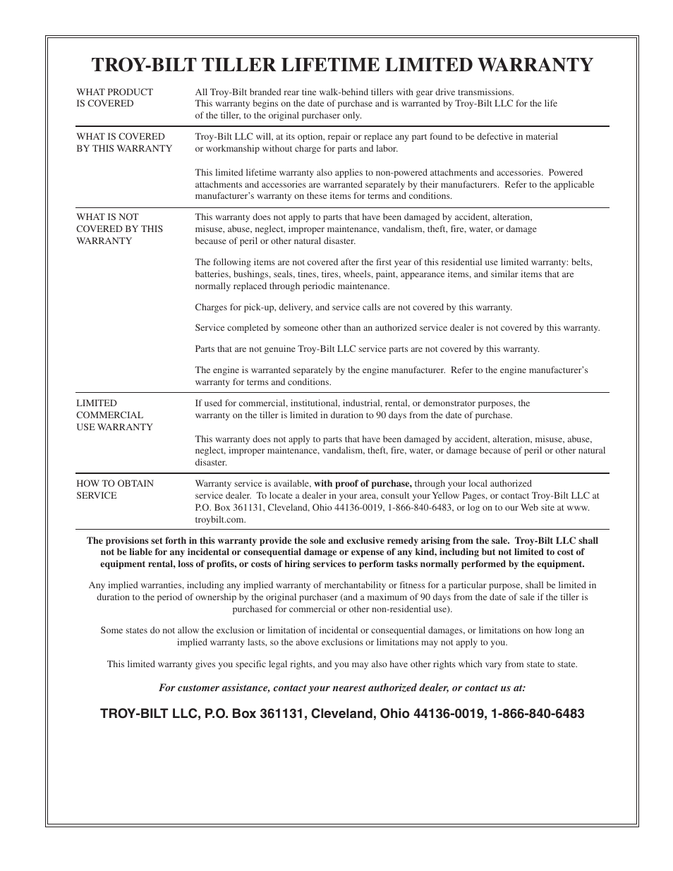 Troy-bilt tiller lifetime limited warranty | Troy-Bilt E683G User Manual | Page 60 / 60