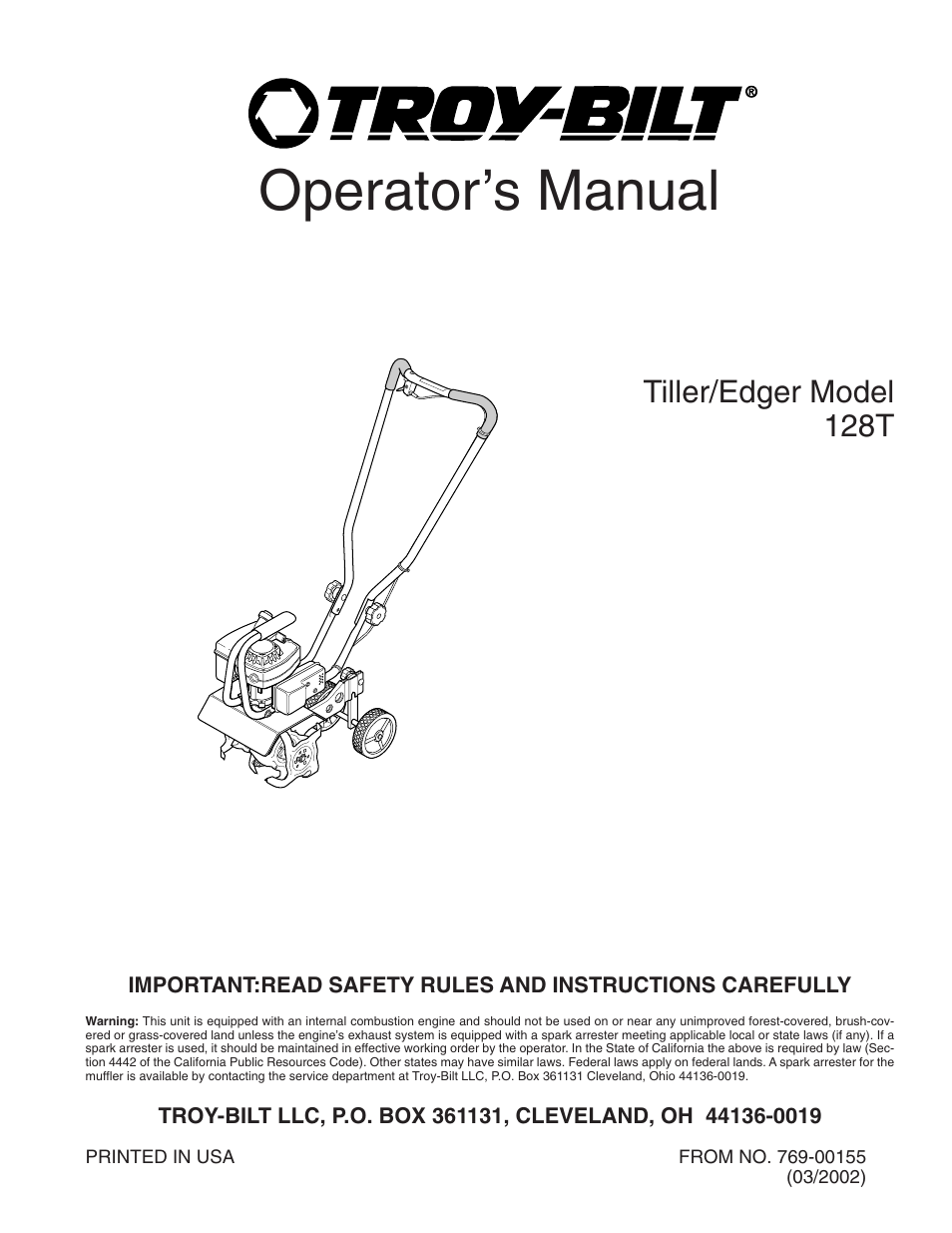 Troy-Bilt 128T User Manual | 20 pages