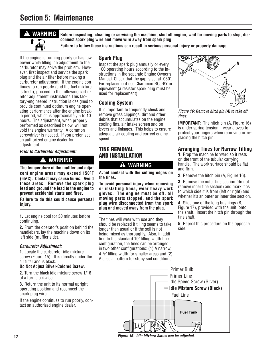 Tine removal and installation, Warning | Troy-Bilt 128T User Manual | Page 12 / 20