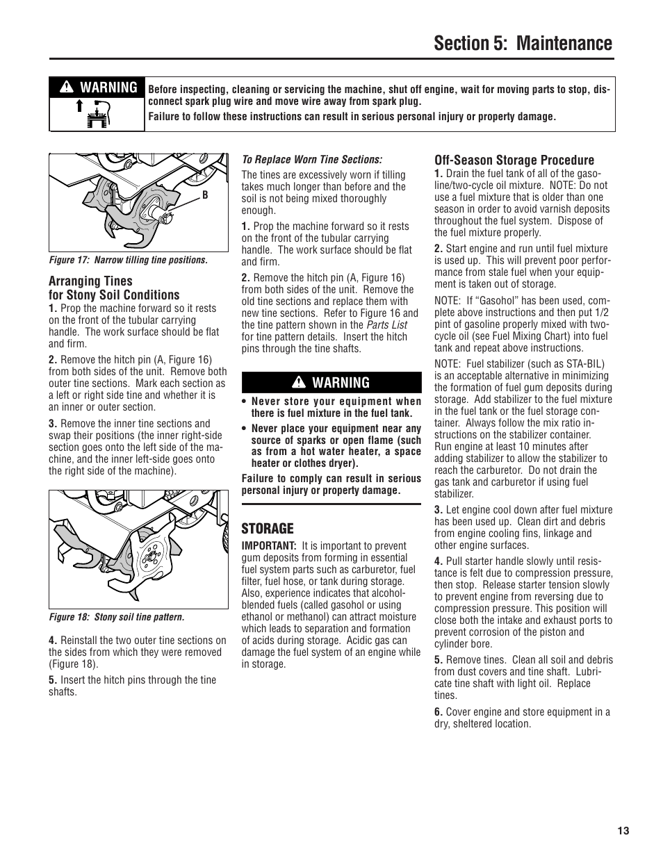 Storage, Warning | Troy-Bilt 128T User Manual | Page 13 / 20