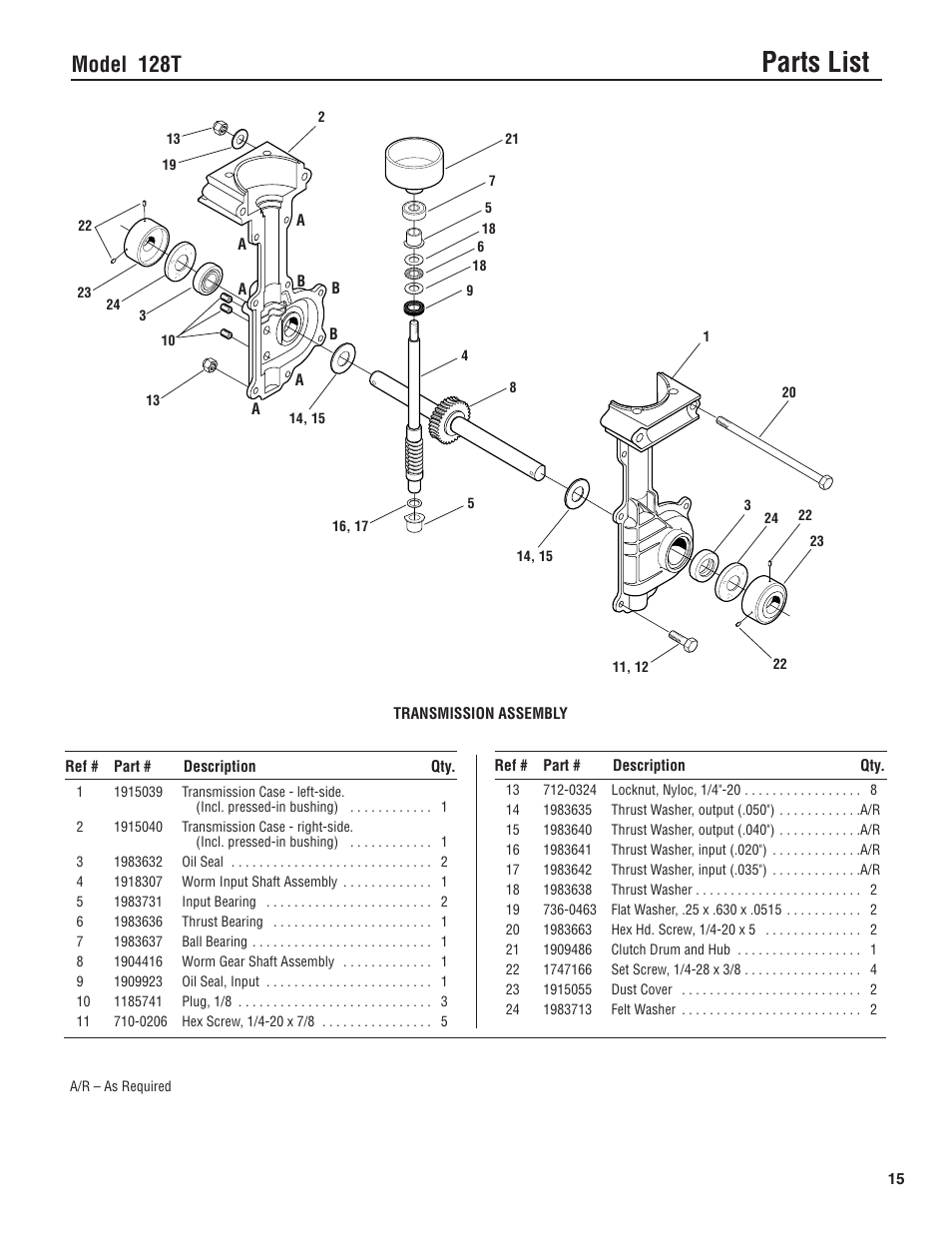Parts list, Model 128t | Troy-Bilt 128T User Manual | Page 15 / 20