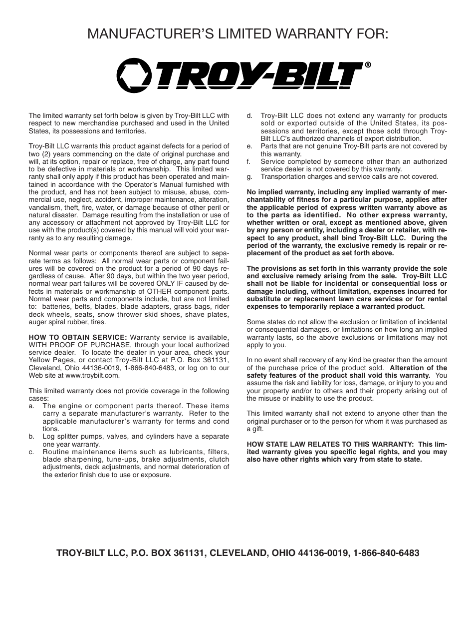 Manufacturer’s limited warranty for | Troy-Bilt 128T User Manual | Page 20 / 20