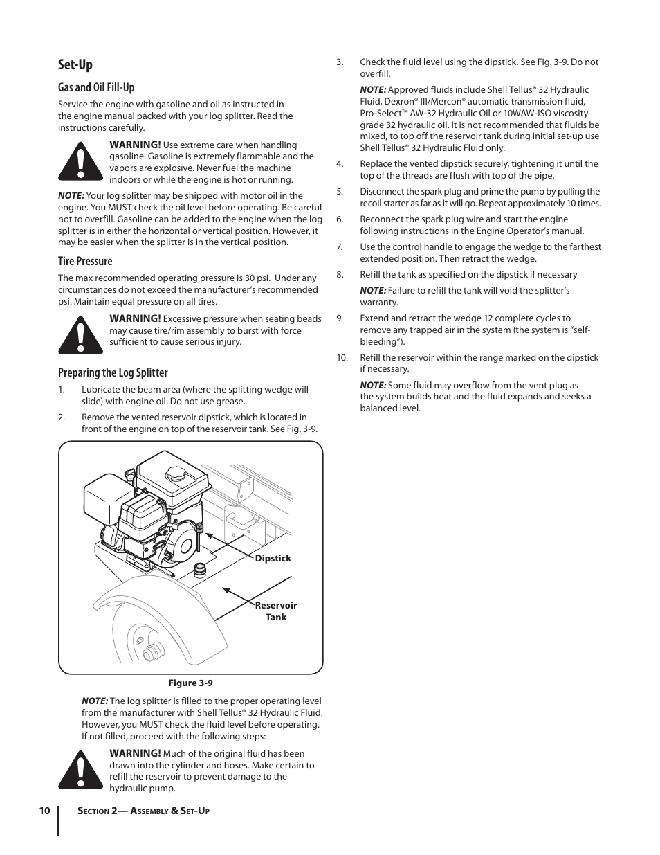 Set-up, Gas and oil fill-up, Tire pressure | Preparing the log splitter | Troy-Bilt LS 27 TB User Manual | Page 10 / 24