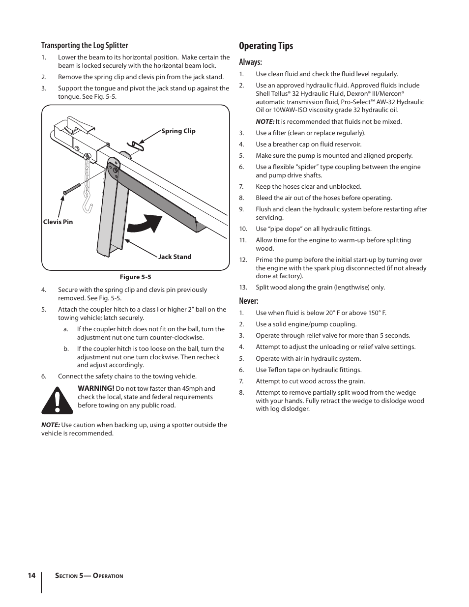 Operating tips, Transporting the log splitter, Always | Never | Troy-Bilt LS 27 TB User Manual | Page 14 / 24