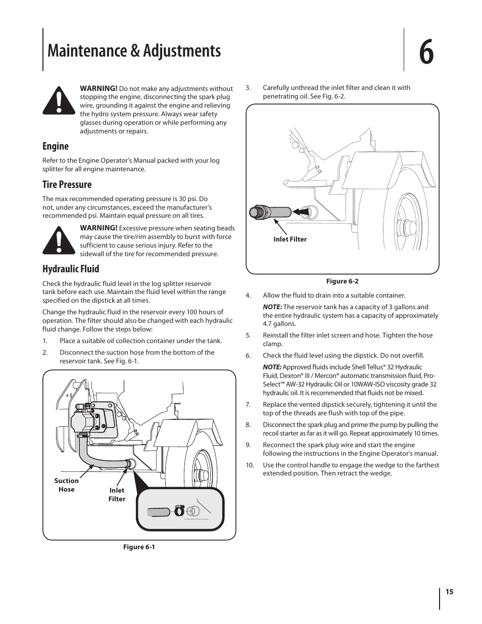 Maintenance & adjustments, Engine, Tire pressure | Hydraulic fluid | Troy-Bilt LS 27 TB User Manual | Page 15 / 24