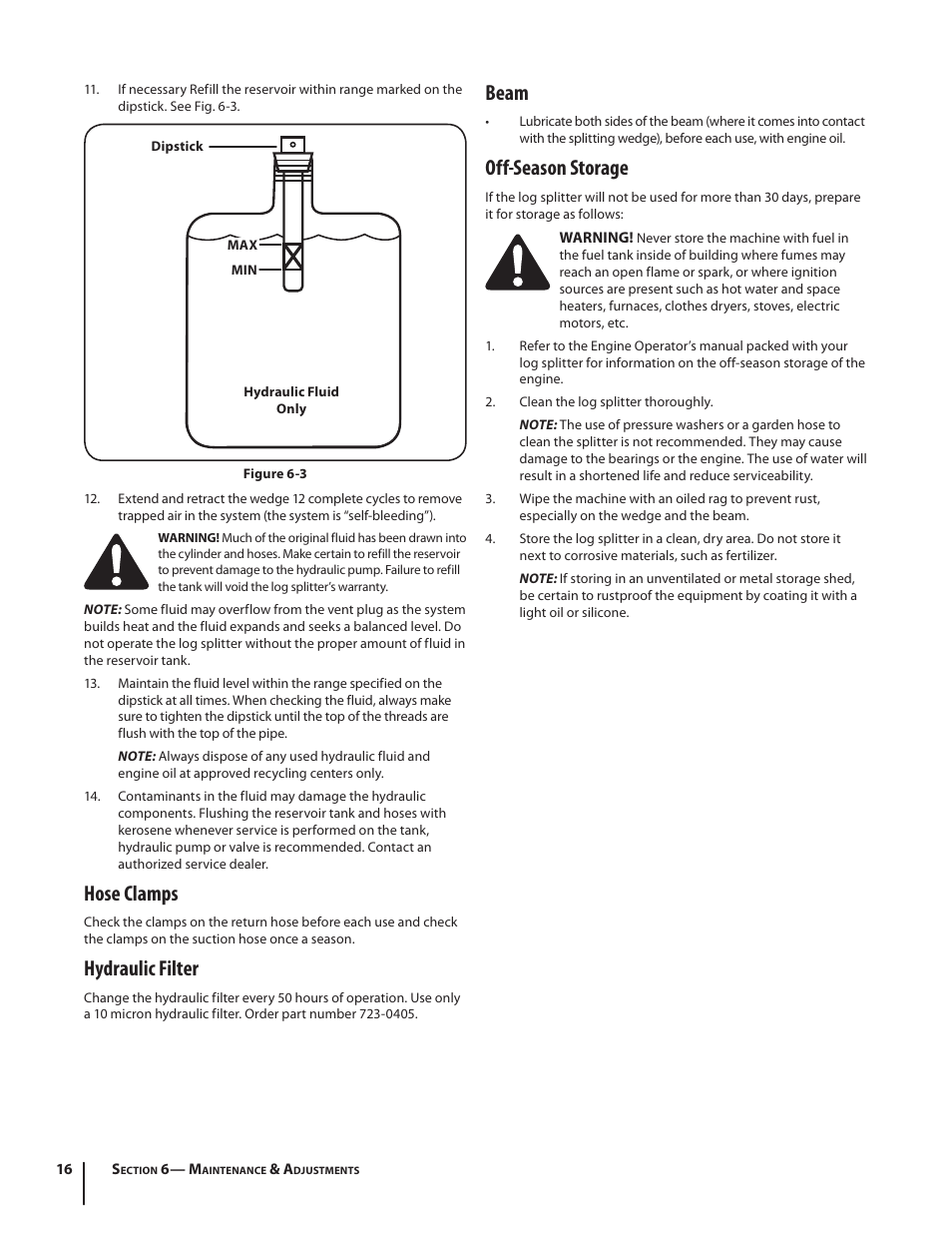 Beam, Off-season storage, Hose clamps | Hydraulic filter | Troy-Bilt LS 27 TB User Manual | Page 16 / 24