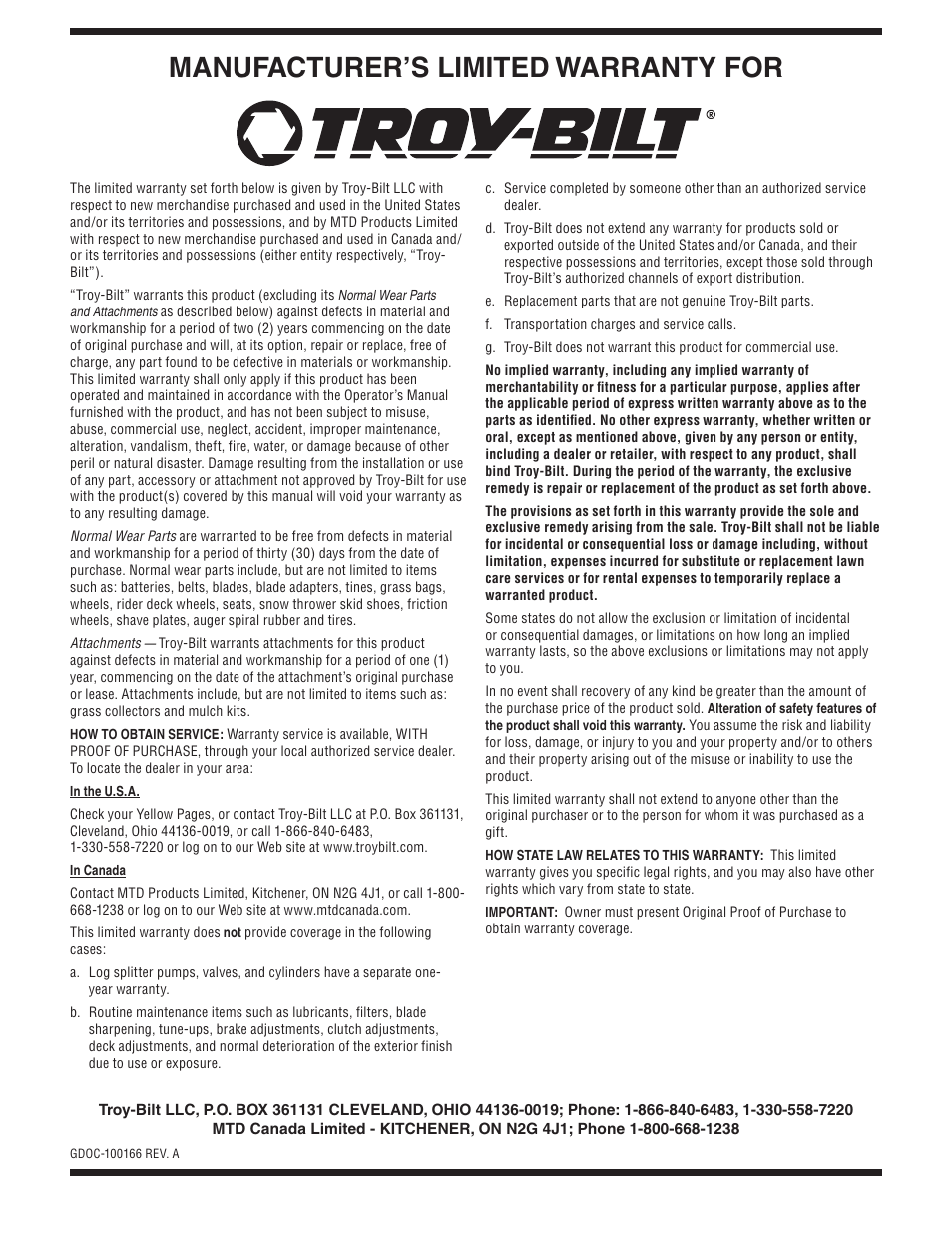 Manufacturer’s limited warranty for | Troy-Bilt LS 27 TB User Manual | Page 24 / 24