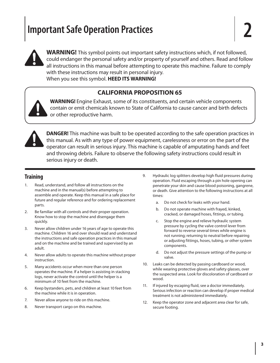 Important safe operation practices, Training, Warning | California proposition 65 | Troy-Bilt LS 27 TB User Manual | Page 3 / 24