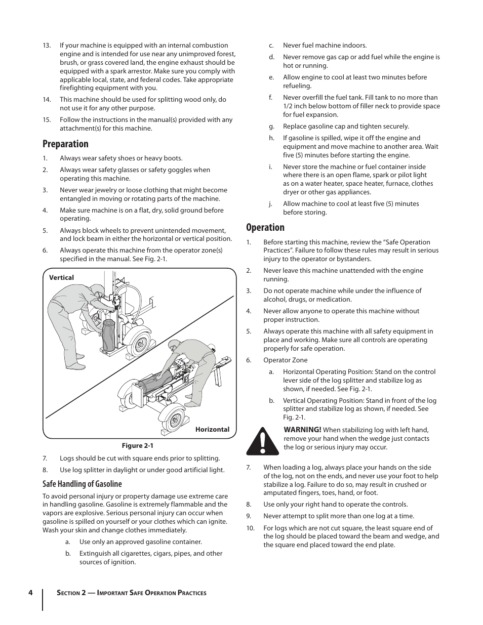 Preparation, Operation, Safe handling of gasoline | Troy-Bilt LS 27 TB User Manual | Page 4 / 24