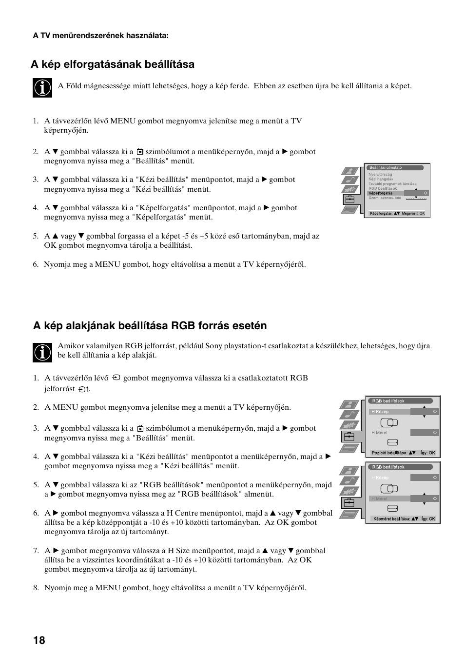 A kép alakjának beállítása rgb forrás esetén, A kép elforgatásának beállítása | Sony KV-29FQ65K User Manual | Page 100 / 160