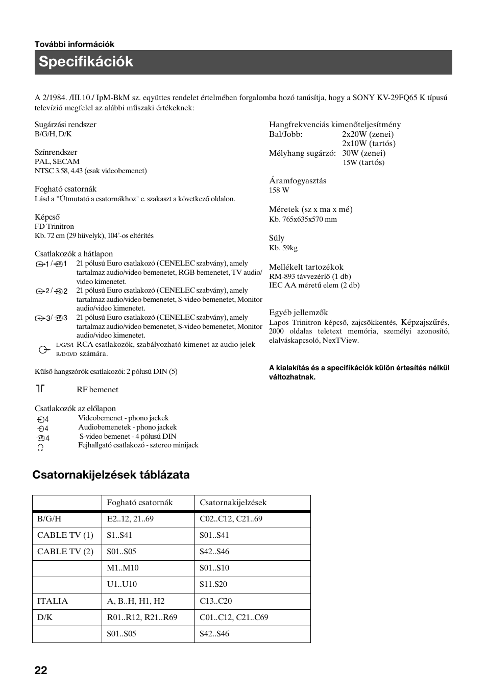 Specifikációk, Csatornakijelzések táblázata | Sony KV-29FQ65K User Manual | Page 104 / 160