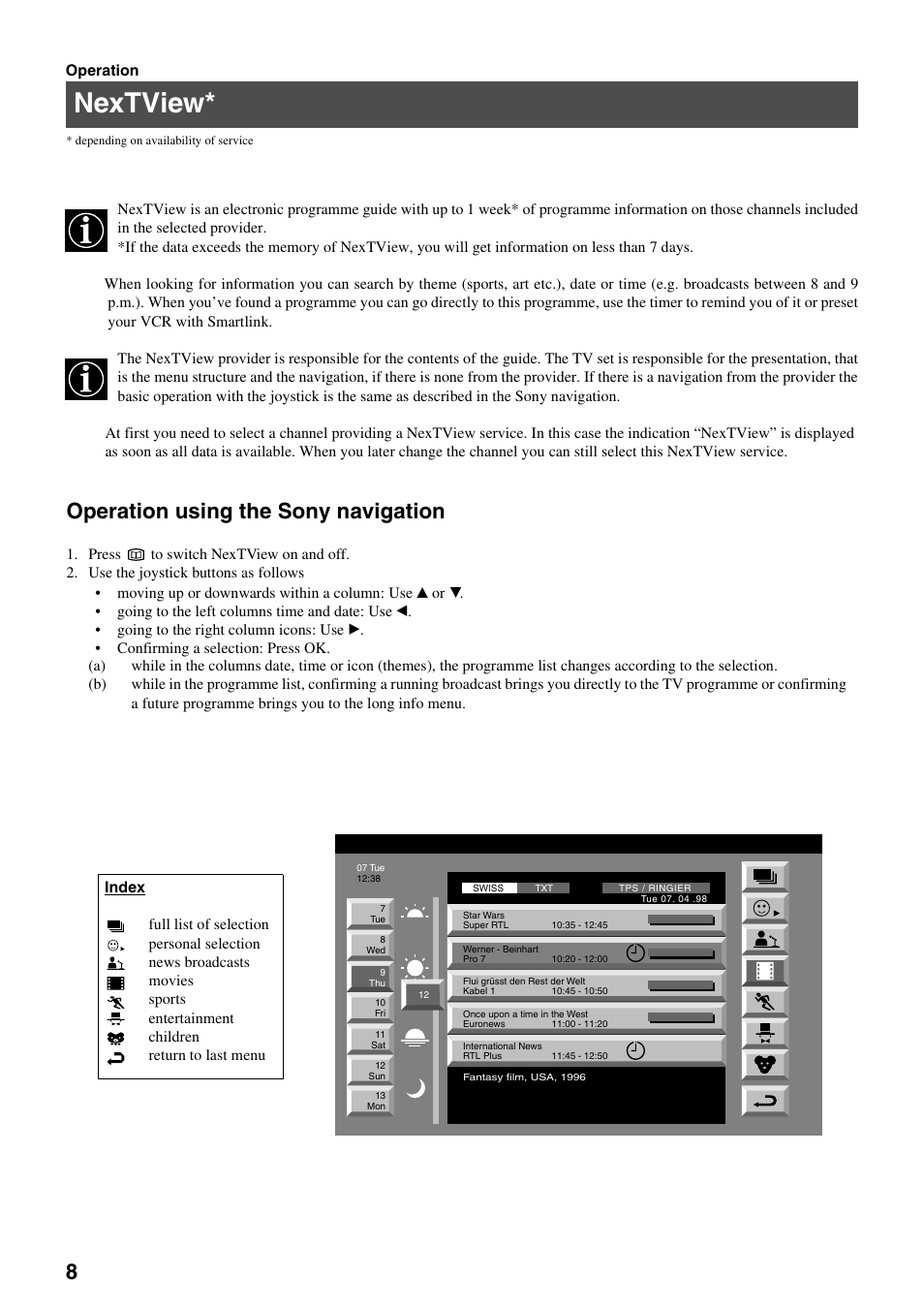 Nextview, Operation using the sony navigation | Sony KV-29FQ65K User Manual | Page 12 / 160