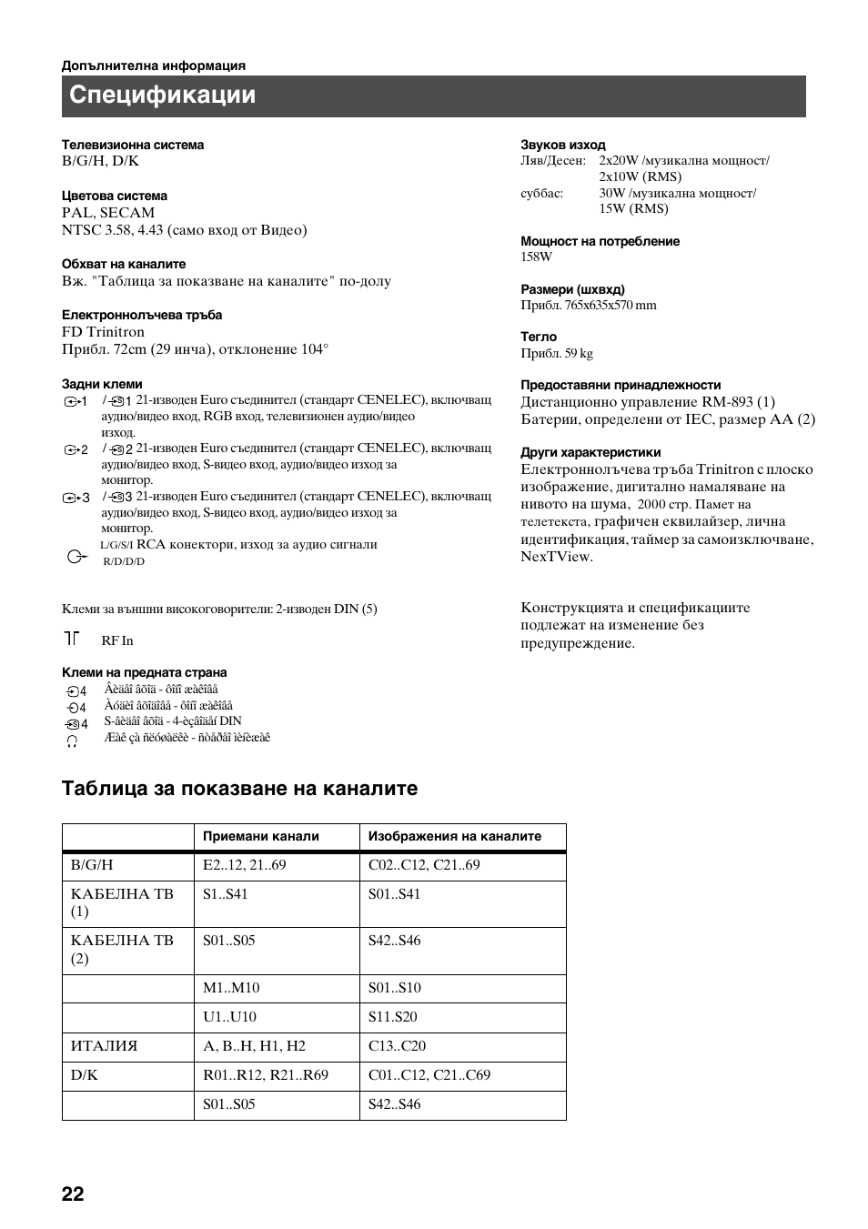 Спецификации, Таблица за показване на каналите | Sony KV-29FQ65K User Manual | Page 130 / 160