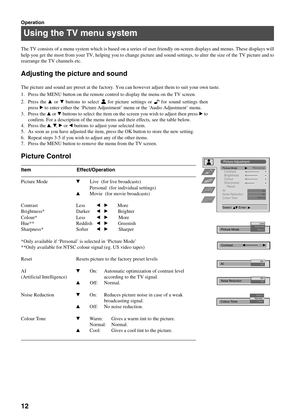 Using the tv menu system, Adjusting the picture and sound, Picture control | Sony KV-29FQ65K User Manual | Page 16 / 160