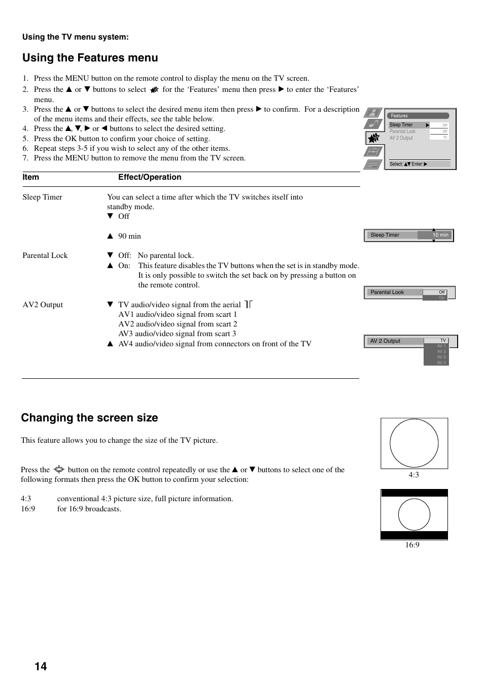 Using the features menu, Changing the screen size | Sony KV-29FQ65K User Manual | Page 18 / 160