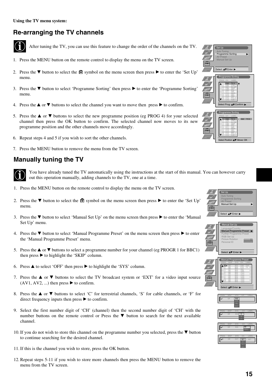 Re-arranging the tv channels, Manually tuning the tv, Using the tv menu system | Sony KV-29FQ65K User Manual | Page 19 / 160