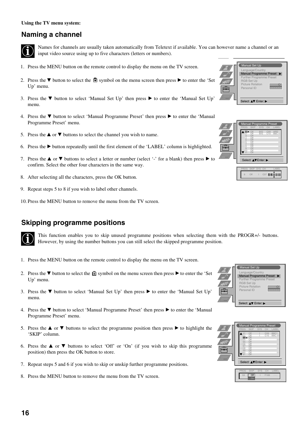 Naming a channel, Skipping programme positions, Using the tv menu system | Sony KV-29FQ65K User Manual | Page 20 / 160
