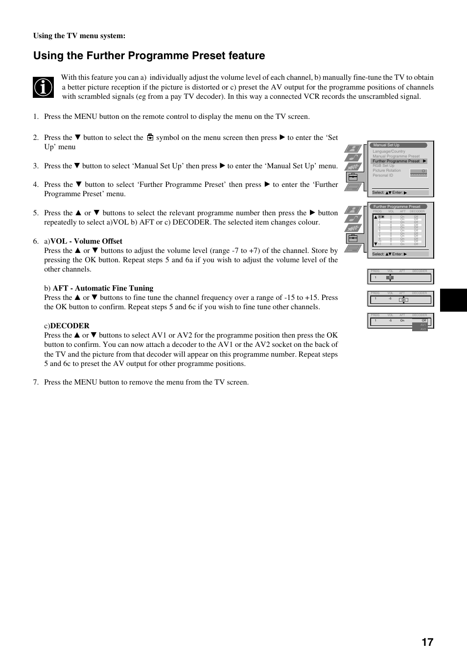 Using the further programme preset feature, Using the tv menu system | Sony KV-29FQ65K User Manual | Page 21 / 160