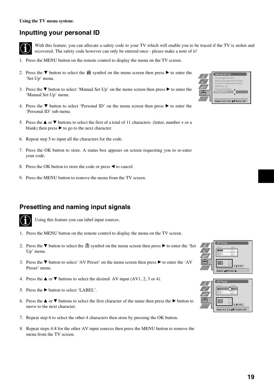 Inputting your personal id, Presetting and naming input signals | Sony KV-29FQ65K User Manual | Page 23 / 160