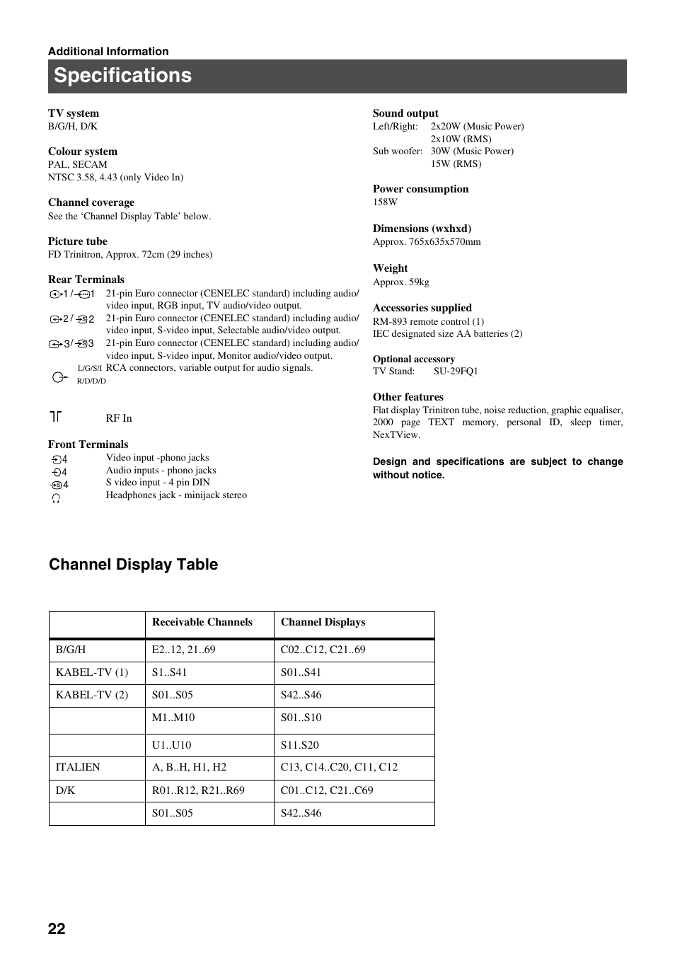 Specifications, Channel display table | Sony KV-29FQ65K User Manual | Page 26 / 160