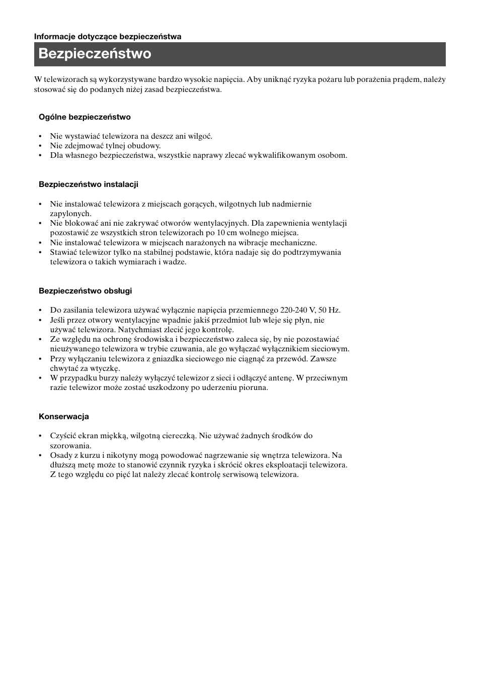 Bezpieczeństwo | Sony KV-29FQ65K User Manual | Page 30 / 160