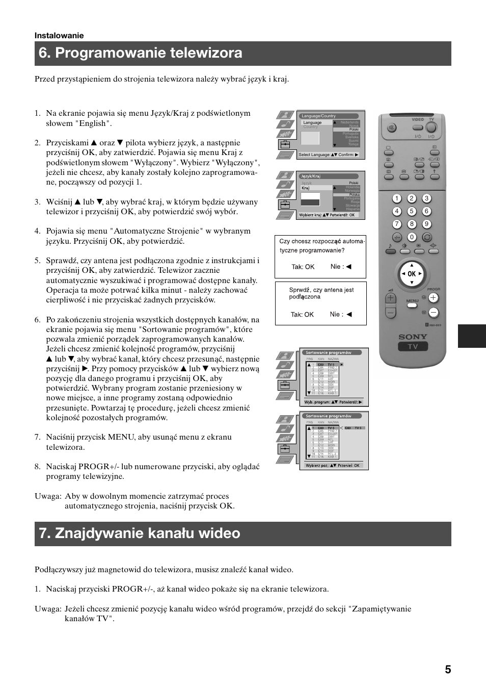 Programowanie telewizora, Znajdywanie kanału wideo | Sony KV-29FQ65K User Manual | Page 35 / 160