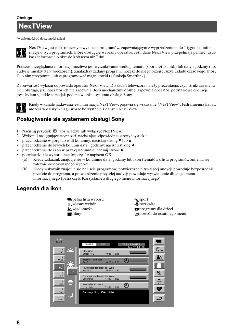 Nextview, Posługiwanie się systemem obsługi sony, Legenda dla ikon | Sony KV-29FQ65K User Manual | Page 38 / 160