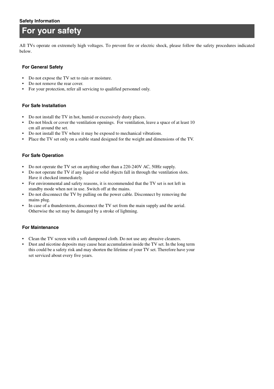 For your safety | Sony KV-29FQ65K User Manual | Page 4 / 160