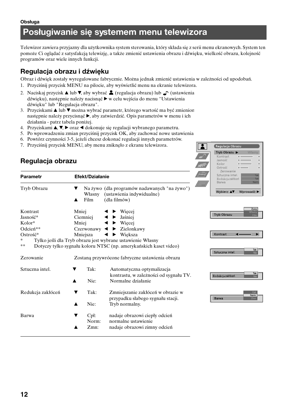 Posługiwanie się systemem menu telewizora, Regulacja obrazu i dźwięku, Regulacja obrazu | Sony KV-29FQ65K User Manual | Page 42 / 160