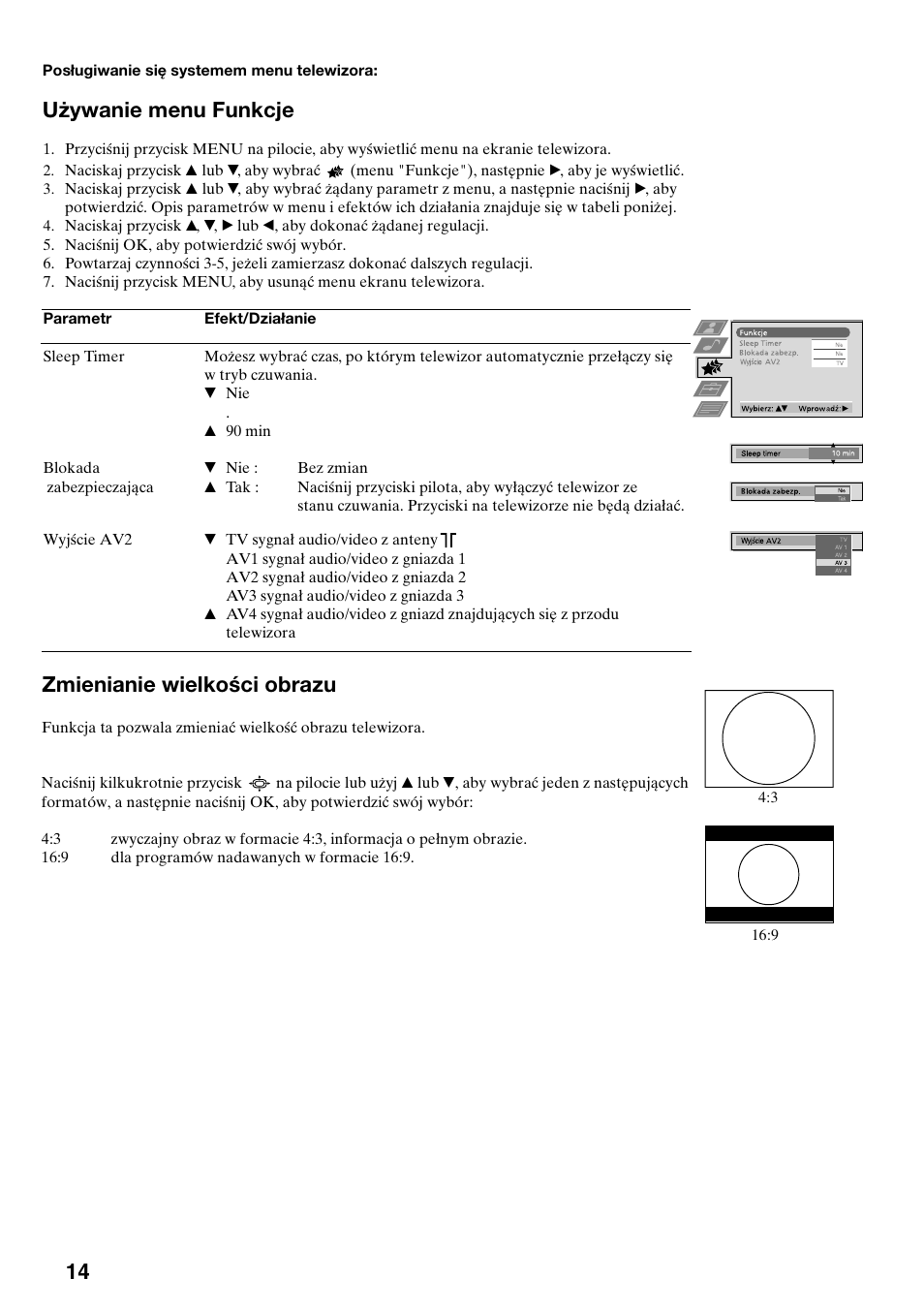 Używanie menu funkcje, Zmienianie wielkości obrazu | Sony KV-29FQ65K User Manual | Page 44 / 160