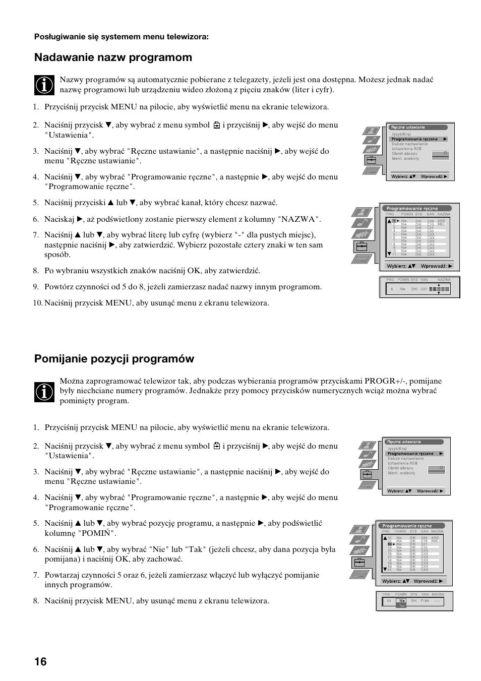 Nadawanie nazw programom, Pomijanie pozycji programów | Sony KV-29FQ65K User Manual | Page 46 / 160