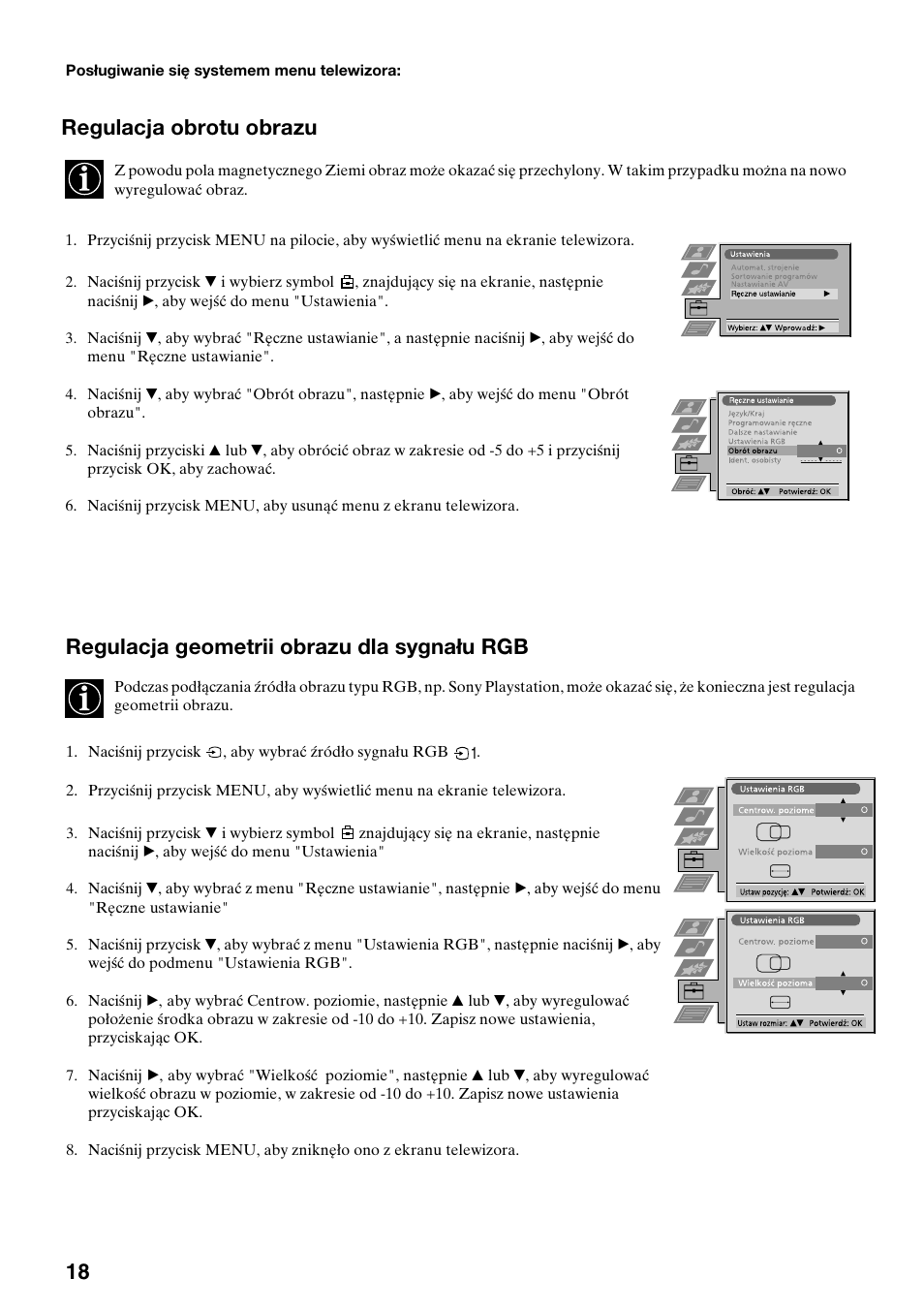 Regulacja geometrii obrazu dla sygnału rgb, Regulacja obrotu obrazu | Sony KV-29FQ65K User Manual | Page 48 / 160