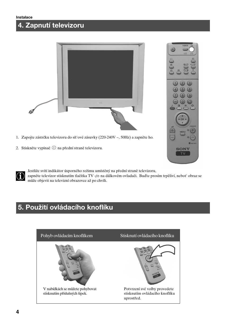 Zapnutí televizoru 5. použití ovládacího knoflíku | Sony KV-29FQ65K User Manual | Page 60 / 160