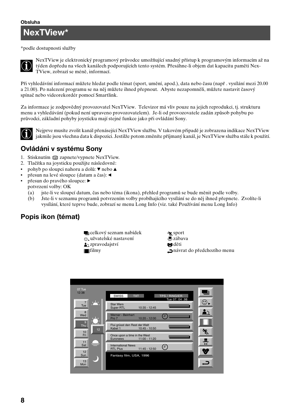 Nextview, Ovládáni v systému sony, Popis ikon (témat) | Sony KV-29FQ65K User Manual | Page 64 / 160