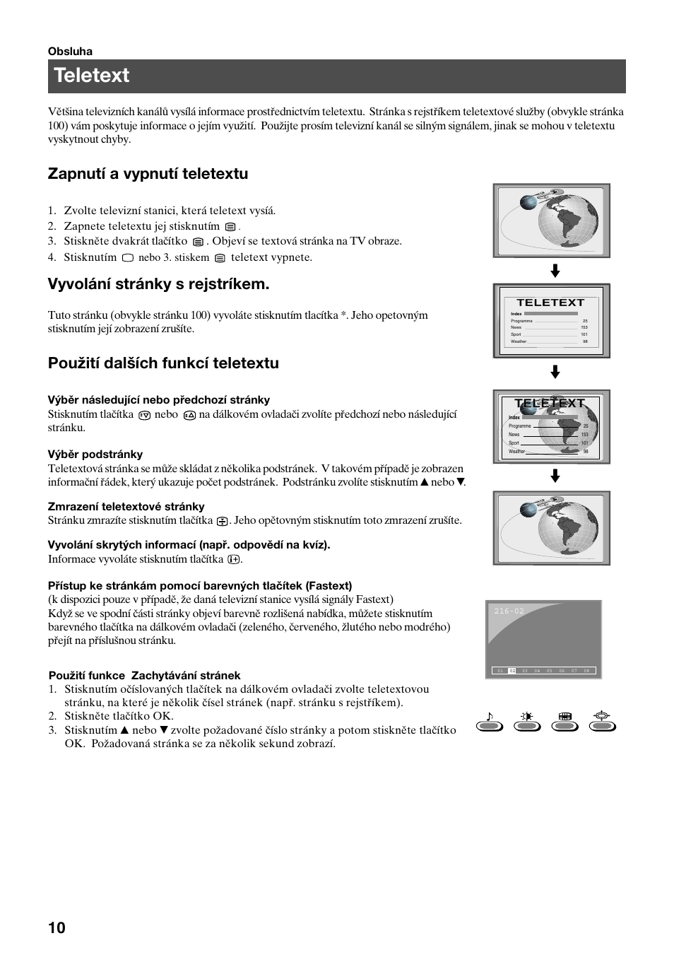 Teletext, Zapnutí a vypnutí teletextu, Vyvolání stránky s rejstríkem | Použití dalších funkcí teletextu | Sony KV-29FQ65K User Manual | Page 66 / 160
