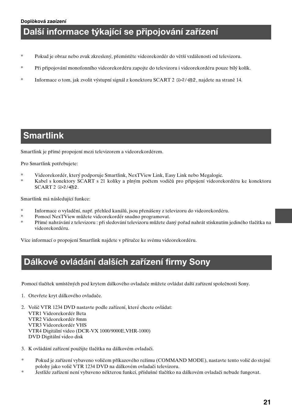 Další informace týkající se připojování zařízení, Smartlink, Dálkové ovládání dalších zařízení firmy sony | Sony KV-29FQ65K User Manual | Page 77 / 160