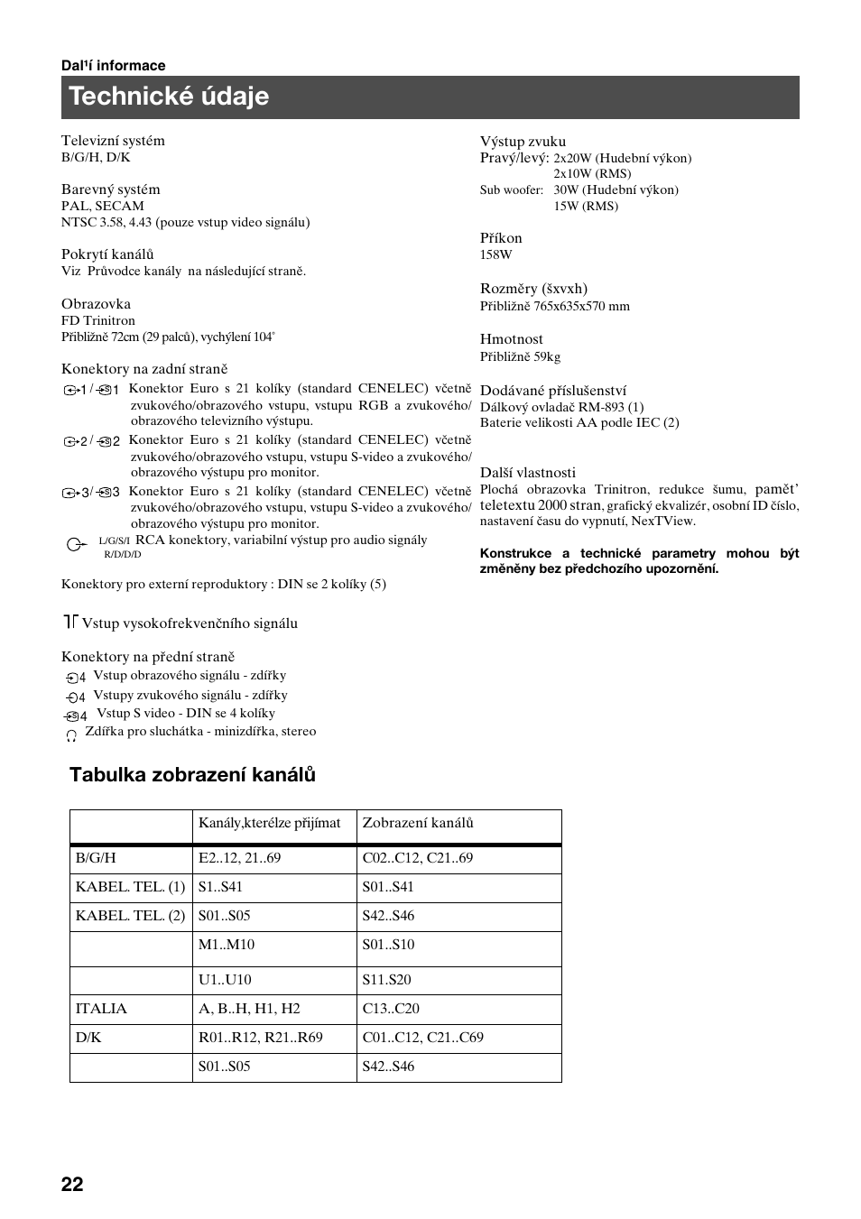 Technické údaje, Tabulka zobrazení kanálů | Sony KV-29FQ65K User Manual | Page 78 / 160
